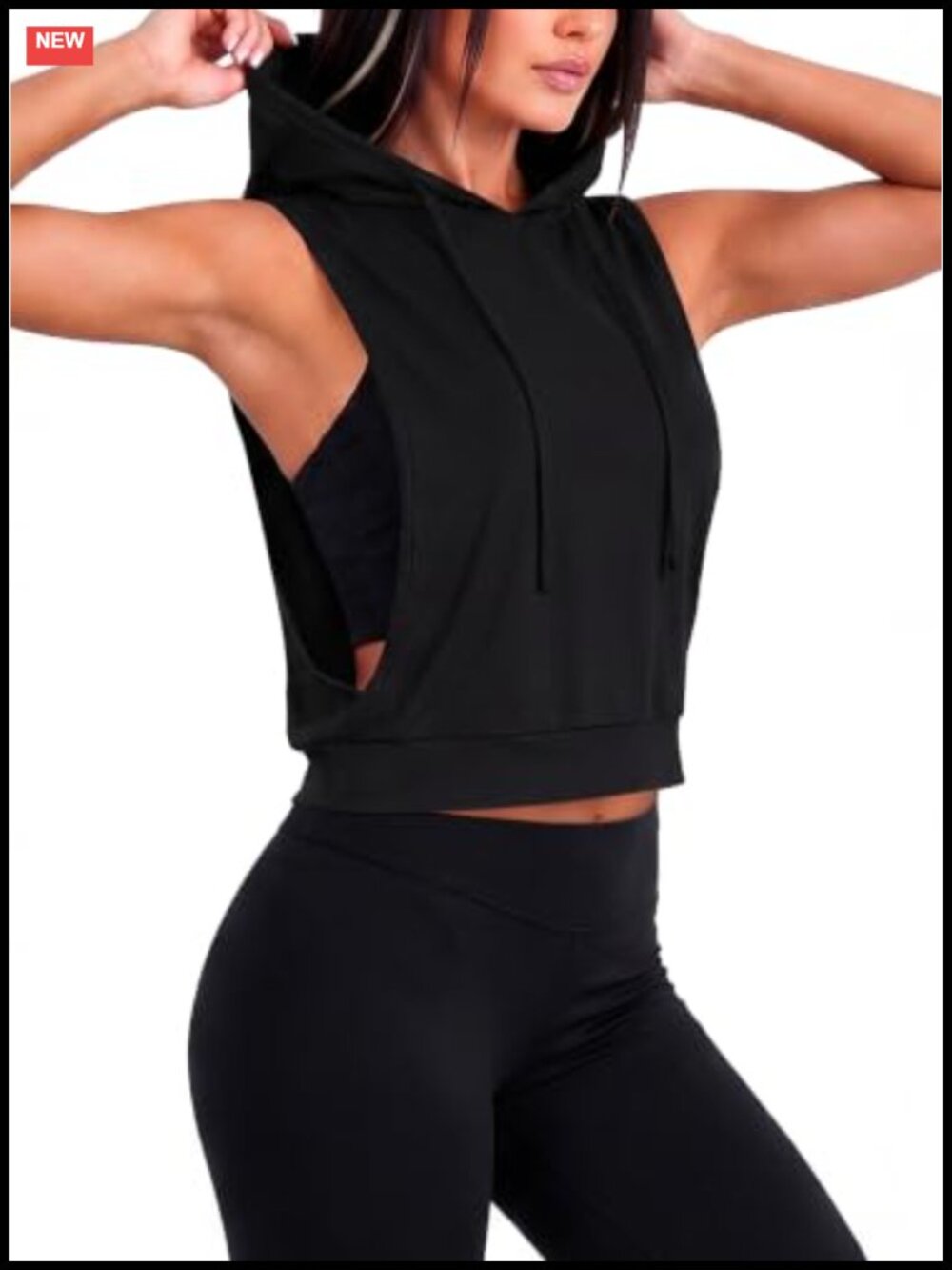 Womens Sleeveless Hooded Crop Tank Top Drawstring Open Side Workout Gym Shirt